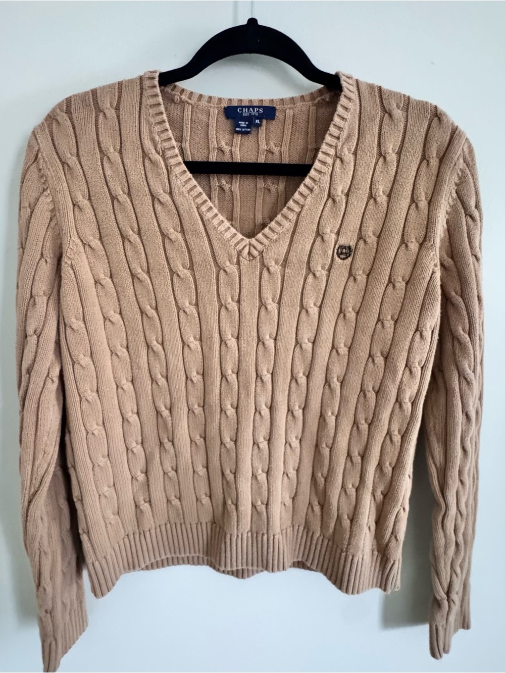 Chaps Camel Cable Knit V-Neck Pullover